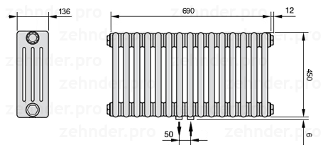 Схема (чертеж) Радиатор Zehnder Charleston 4045/15 №5410 Белый глянцевый RAL 9016